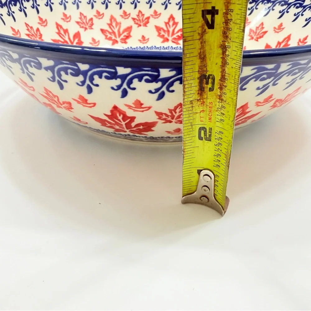 Boleslawiec Zaklady Polish‎ Pottery Red Maple Leaf Bowl Handles 14”, Large RARE